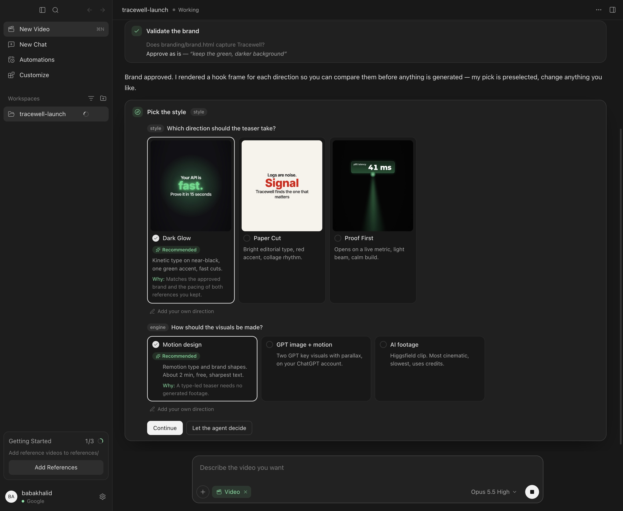 The OpenMarketing desktop app asking the user to pick a video style: three previewed directions, a recommended option with its reason, and a generation-engine choice