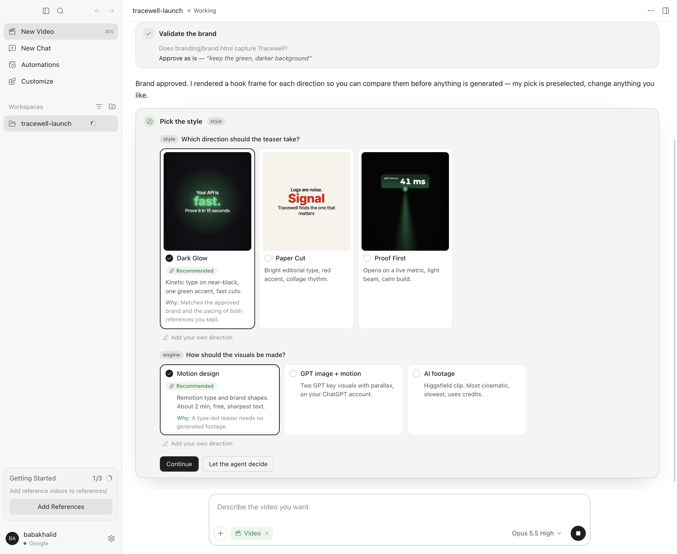 The OpenMarketing desktop app asking the user to pick a video style: three previewed directions, a recommended option with its reason, and a generation-engine choice